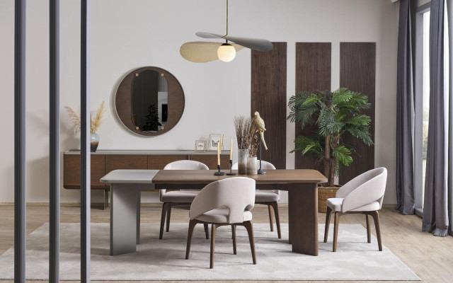 Gran juego de comedor - mesa de comedor de diseñador con 4 sillas, aparador y espejo.