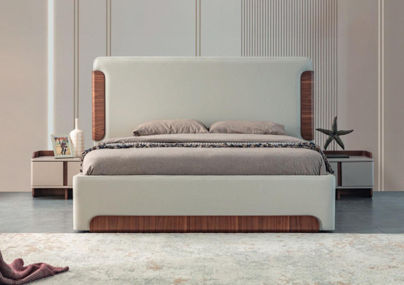 Elegantes mobiliario de dormitorio beige conjunto de 5 piezas: cama doble tapizada y tocador.