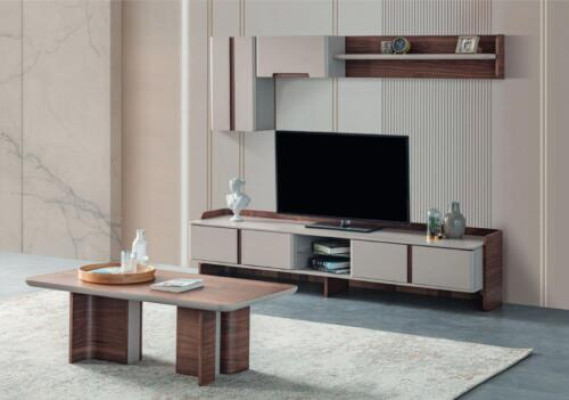 Elegante conjunto de pared para el salón, soporte de TV de diseñador de madera, mesa de centro.