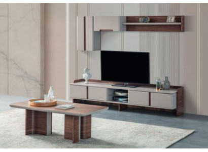 Elegante conjunto de pared para el salón, soporte de TV de diseñador de madera, mesa de centro.
