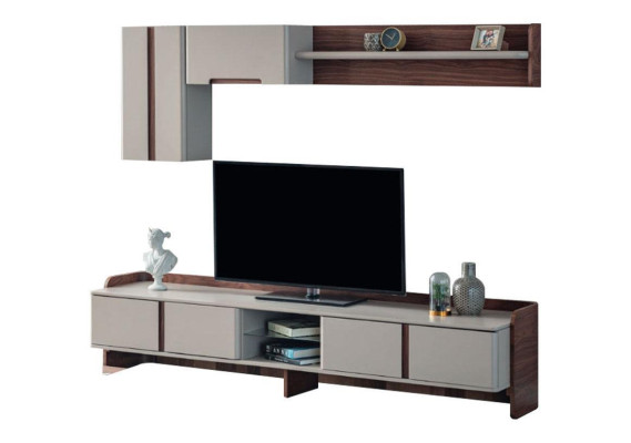 Elegante conjunto de pared para el salón, soporte de TV de diseñador de madera, mesa de centro.