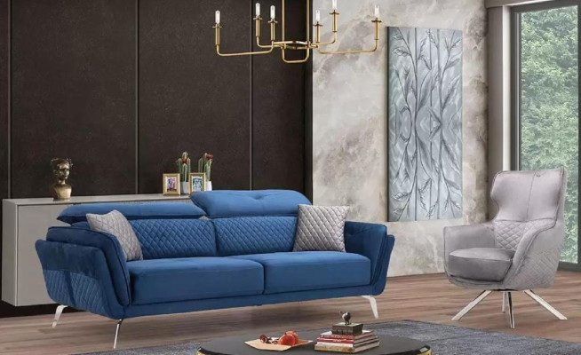 Exquisito conjunto de sofás, sofá azul de tres plazas, sillón de diseñador, muebles tapizados.
