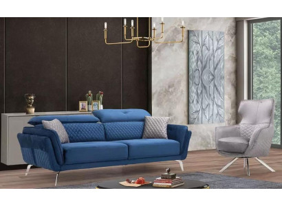 Exquisito conjunto de sofás, sofá azul de tres plazas, sillón de diseñador, muebles tapizados.