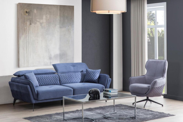 Exquisito conjunto de sofás, sofá azul de tres plazas, sillón de diseñador, muebles tapizados.