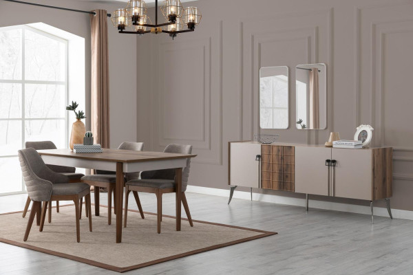 Grupo de comedor noble, juego de comedor de lujo, mesa de diseñador, sillas espejo