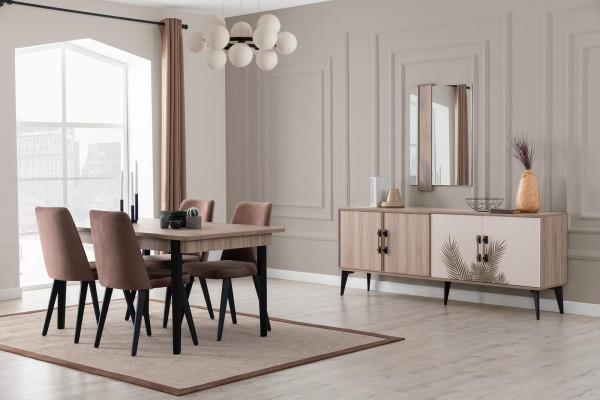 Conjunto de comedor marrón de lujo, mesa de comedor 4 sillas aparador espejo