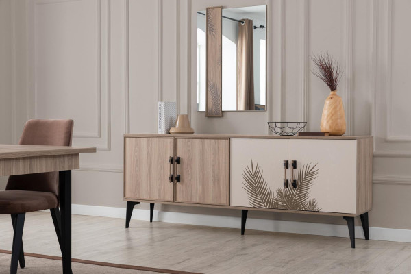 Conjunto de comedor marrón de lujo, mesa de comedor 4 sillas aparador espejo