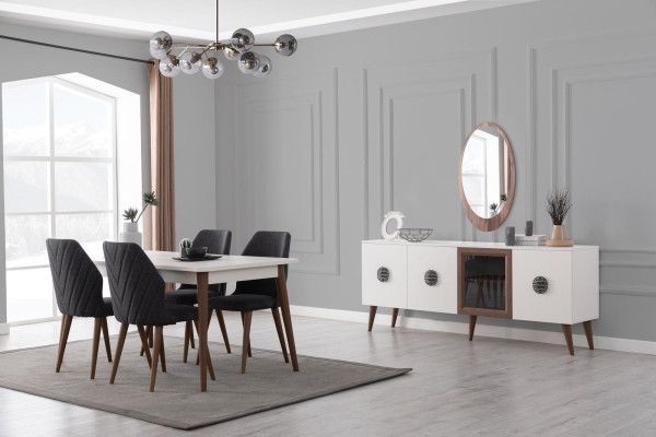 Muebles de comedor en blanco y negro, buffet diseñado por diseñador, mesa de comedor de lujo, sillas.