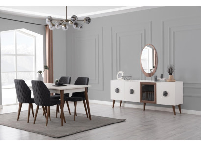 Muebles de comedor en blanco y negro, buffet diseñado por diseñador, mesa de comedor de lujo, sillas.