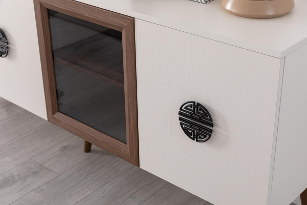 Muebles de comedor en blanco y negro, buffet diseñado por diseñador, mesa de comedor de lujo, sillas.