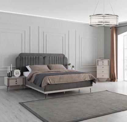 Dormitorio moderno Set Cama doble gris 2 mesitas de noche de diseño 3 piezas