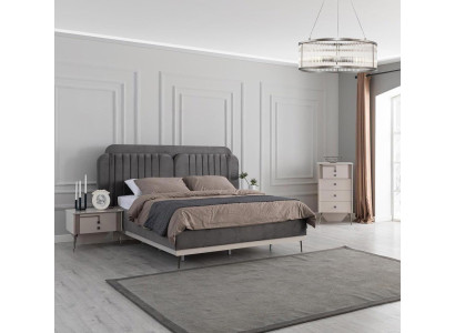 Dormitorio moderno Set Cama doble gris 2 mesitas de noche de diseño 3 piezas