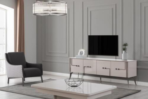 Mueble de TV beige, mesa de centro de diseñador, muebles de lujo para la sala de estar, conjunto de 2 piezas de madera.