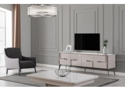 Mueble de TV beige, mesa de centro de diseñador, muebles de lujo para la sala de estar, conjunto de 2 piezas de madera.