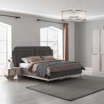 Cama doble gris con muebles de dormitorio modernos, camas de lujo con estructura de madera.