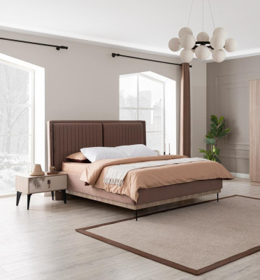 Cama doble marrón, muebles de dormitorio de diseño, camas de lujo tapizadas.