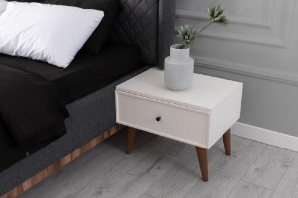 Mesitas de noche blancas con 1 cajón, muebles de diseño de madera para dormitorio.