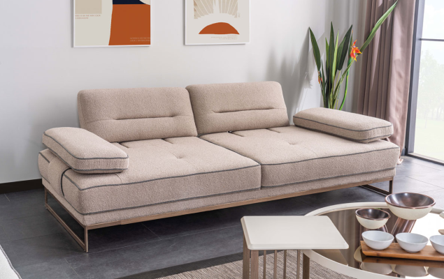 Blanco-beige sala de estar conjunto de sofás Sofá de 3 plazas resistente Mesa de café de 6 piezas