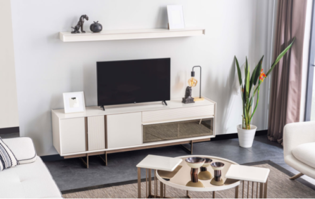 Elegante unidad de pared para TV de diseñador, estante bajo moderno, estantes robustos.