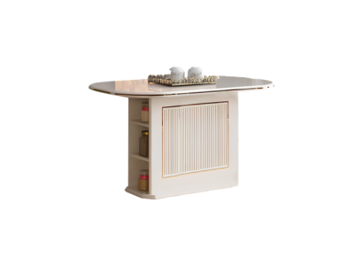 Mesa de comedor moderna de madera beige en el comedor.