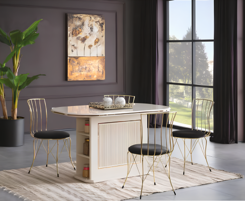 Mesa de comedor moderna de madera beige en el comedor.