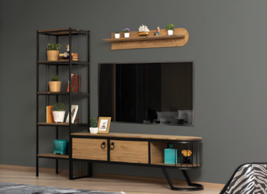 Conjunto de salón soporte de TV estantería mueble bajo para TV madera marrón 3 piezas.