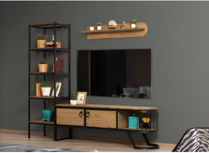 Conjunto de salón soporte de TV estantería mueble bajo para TV madera marrón 3 piezas.