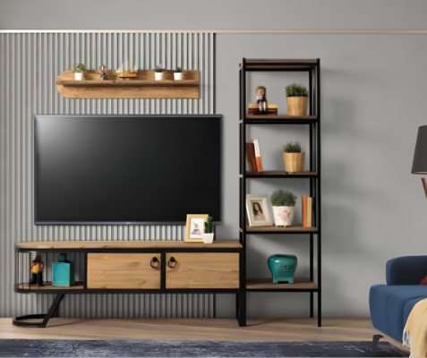 Conjunto de salón soporte de TV estantería mueble bajo para TV madera marrón 3 piezas.