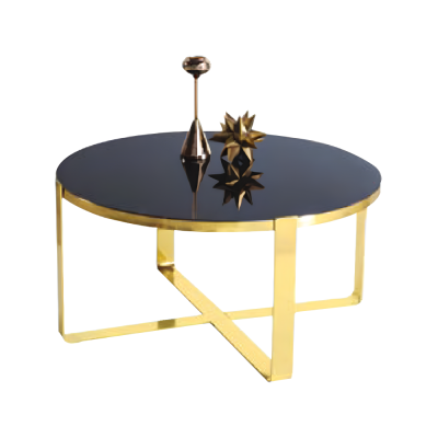 Mesa de café moderna de vidrio dorado con mesita auxiliar.