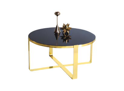 Mesa de café moderna de vidrio dorado con mesita auxiliar.