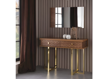 Mesa de maquillaje, tocador, mesa de cosméticos, mesa consola de madera marrón.