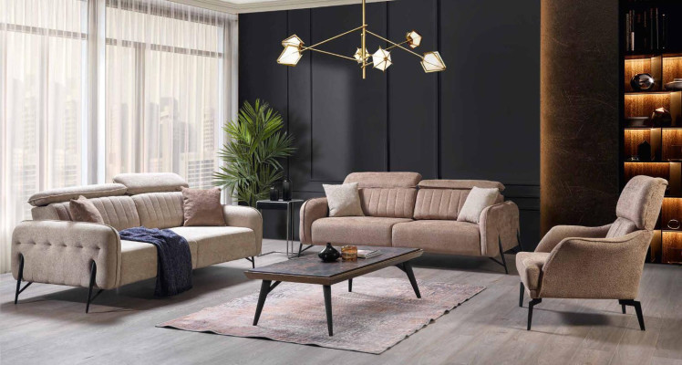Juego de sala beige, lujosos, 3 sofás elegantes, sillón tapizado 3 piezas.