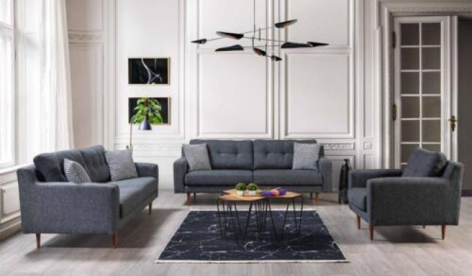 Juego de sala gris de lujo con 2 sofás de tela y un sillón tapizado de diseñador.