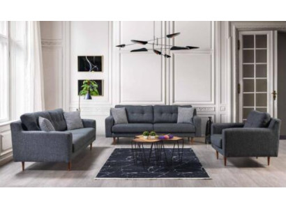 Juego de sala gris de lujo con 2 sofás de tela y un sillón tapizado de diseñador.
