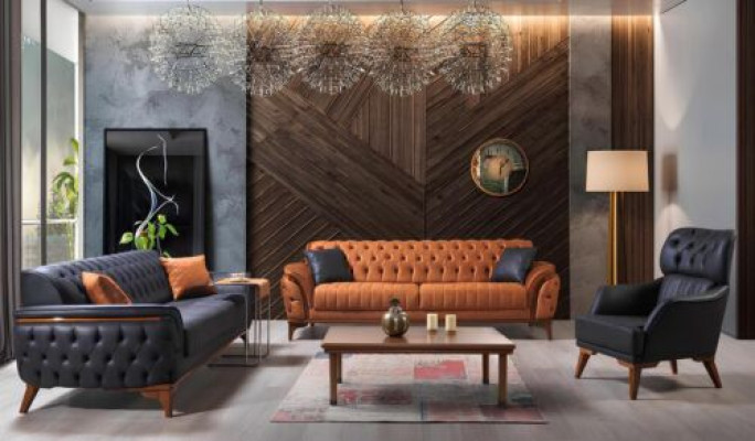 Negro-naranja Chesterfield conjunto de sofás para la sala de estar Sofás elegantes 3 piezas.