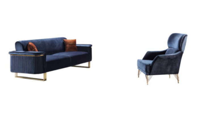 Conjunto de sala de estar azul de diseñador 3 plazas sillón tapizado de lujo muebles 2 piezas