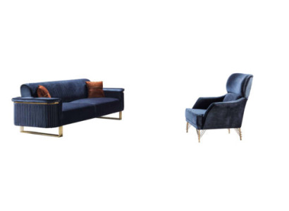 Conjunto de sala de estar azul de diseñador 3 plazas sillón tapizado de lujo muebles 2 piezas