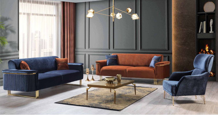 Conjunto de sala de estar azul de diseñador 3 plazas sillón tapizado de lujo muebles 2 piezas