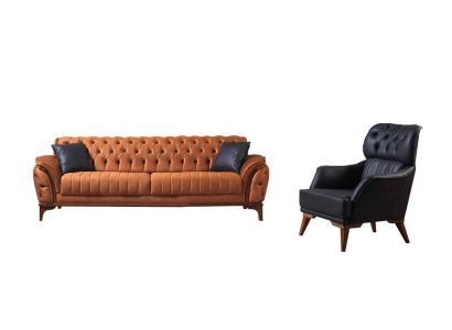 Conjunto Chesterfield Naranja-Negro Lujoso Sofá Tres Plazas Sillón 2 piezas