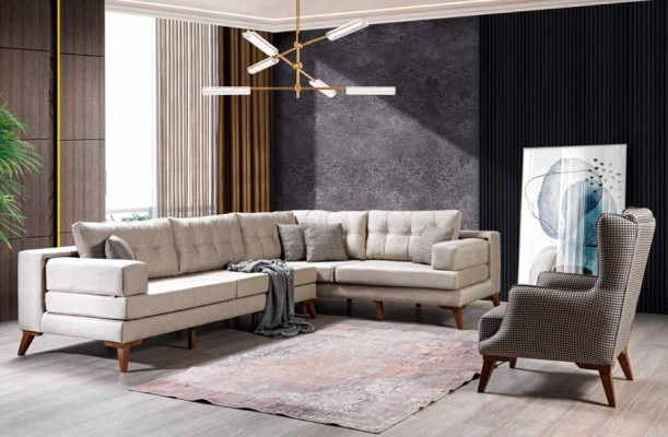 Sillón cuadrado acolchado de un solo asiento en gris para sala de estar en textil.