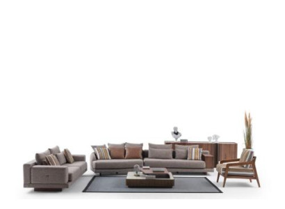 Sofás de sala de estar grises, sofás de tela, sillón de diseñador, mesa de centro de madera, 5 piezas.