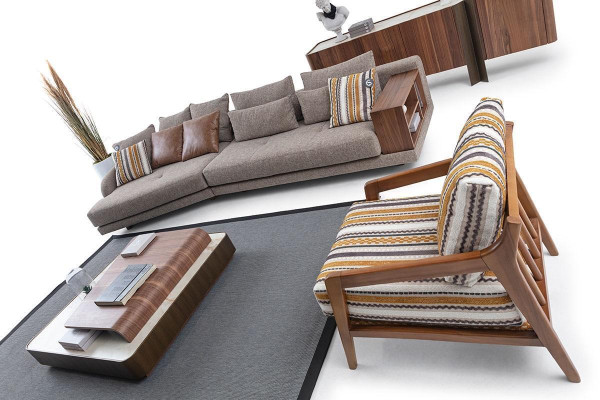 Exclusivo conjunto de sofás de tela para la sala de estar con mesa de centro de madera y aparador.