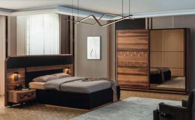 Exquisito conjunto de dormitorio Cama doble elegante 2 mesitas de noche de madera