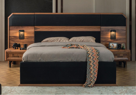 Exquisito conjunto de dormitorio Cama doble elegante 2 mesitas de noche de madera