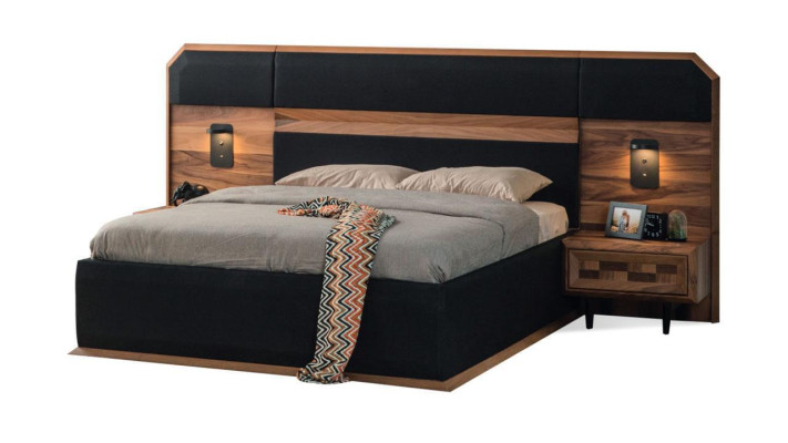 Exquisito conjunto de dormitorio Cama doble elegante 2 mesitas de noche de madera