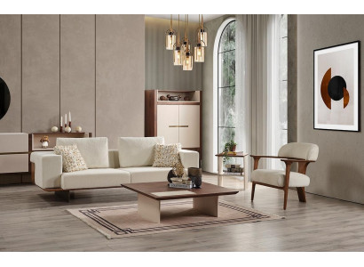 Moderno conjunto de sofá blanco de 3 plazas y 1 plaza en textil y madera, juego completo de sillones nuevo