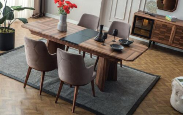 Conjunto completo de mesa de comedor, esquina de diseñador, mesa de comedor de madera con 6 sillas tapizadas.