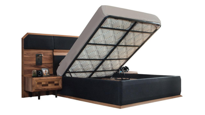 Mueble de dormitorio de madera marrón-negra con cama doble y 2 mesitas de noche, juego de 3 piezas.