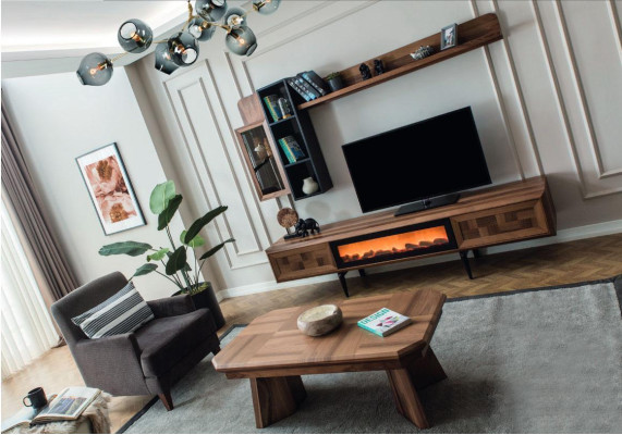 Conjunto de muebles de pared de sala de estar marrón Diseñador soporte de TV RTV Estantes de madera LED