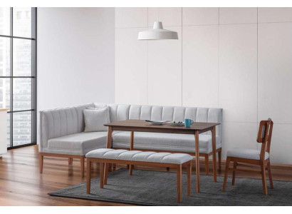 Blanco y marrón conjunto de comedor - Mesa de madera elegante y banco de esquina tapizado, nuevo.